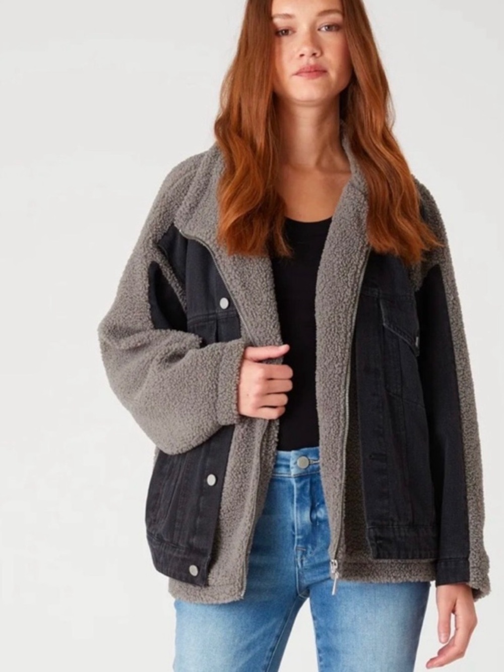 Blank NYC Two-Tone Sherpa Jacket in Gray and Black